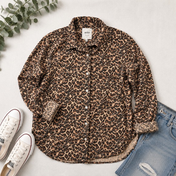 aerie Tops - Aerie Womens Leopard Print Button Down Shirt Long Sleeve Brown XS